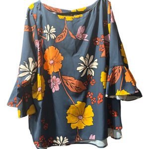 NWOT Eloquii Floral Bell Sleeve Top - Blue and Orange